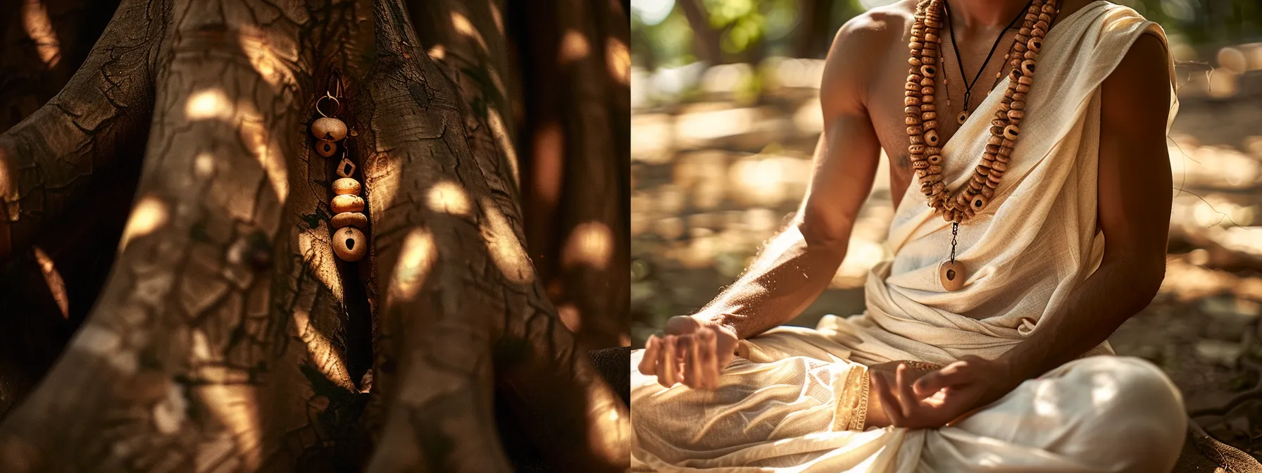 a serene individual wearing a two mukhi rudraksha pendant meditating under a bodhi tree, surrounded by a soft glow of spiritual energy.