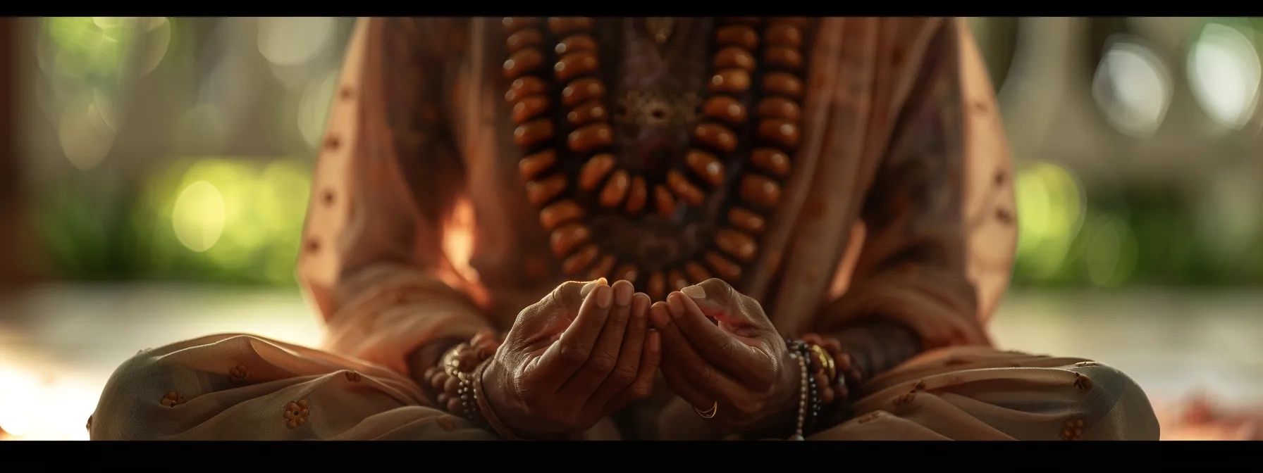 a serene individual wearing an eleven mukhi rudraksha necklace exudes inner peace and emotional stability, surrounded by a calming aura of spiritual healing.