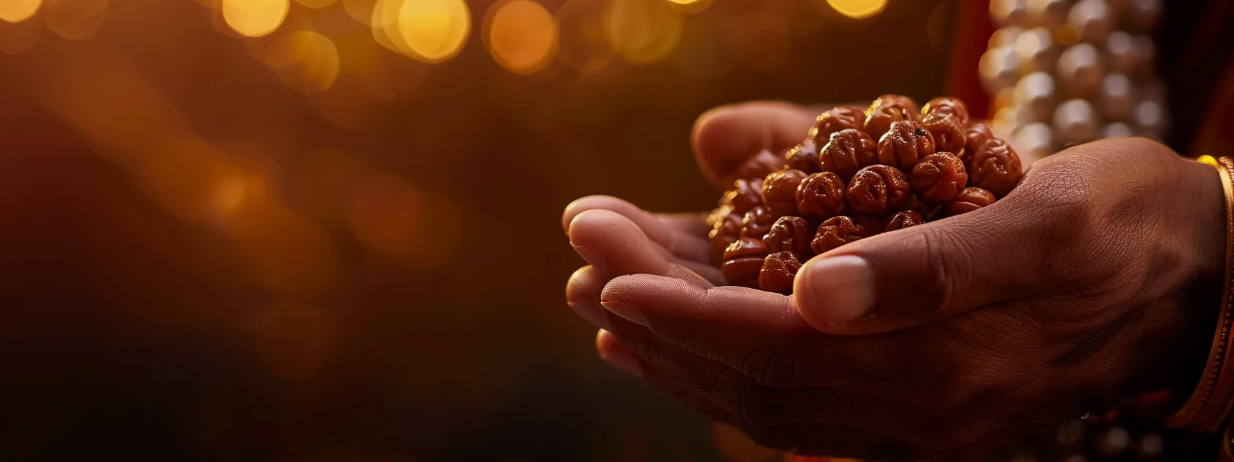 a serene individual wearing the six mukhi rudraksha bead, exuding a sense of inner peace and confidence, surrounded by a glow of wisdom and prosperity.