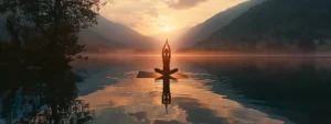 a serene lakeside sunrise with a lone figure practicing yoga to promote mindfulness and mental well-being.