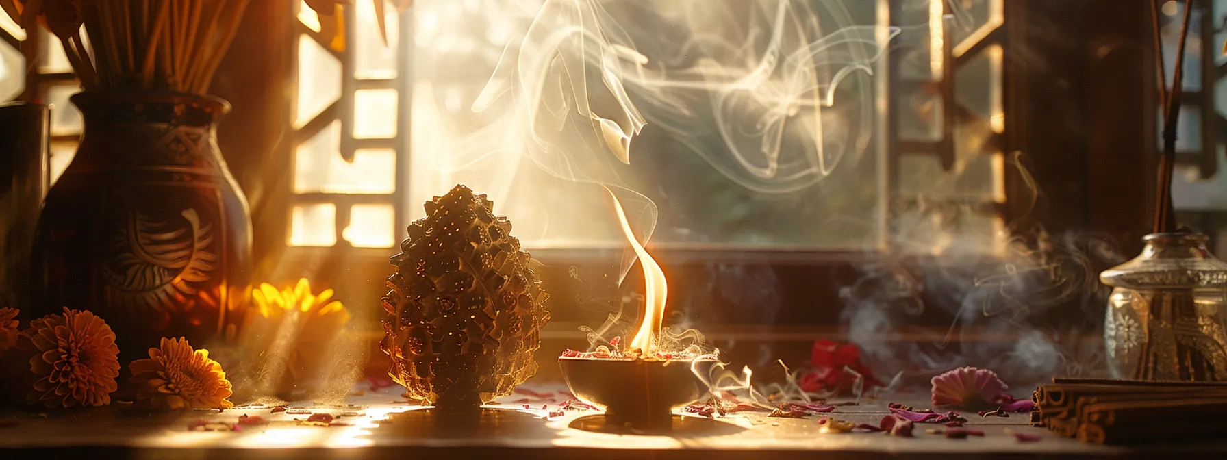 a serene meditation altar adorned with a glowing eighteen mukhi rudraksha surrounded by incense smoke, symbolizing successful activation and spiritual growth.