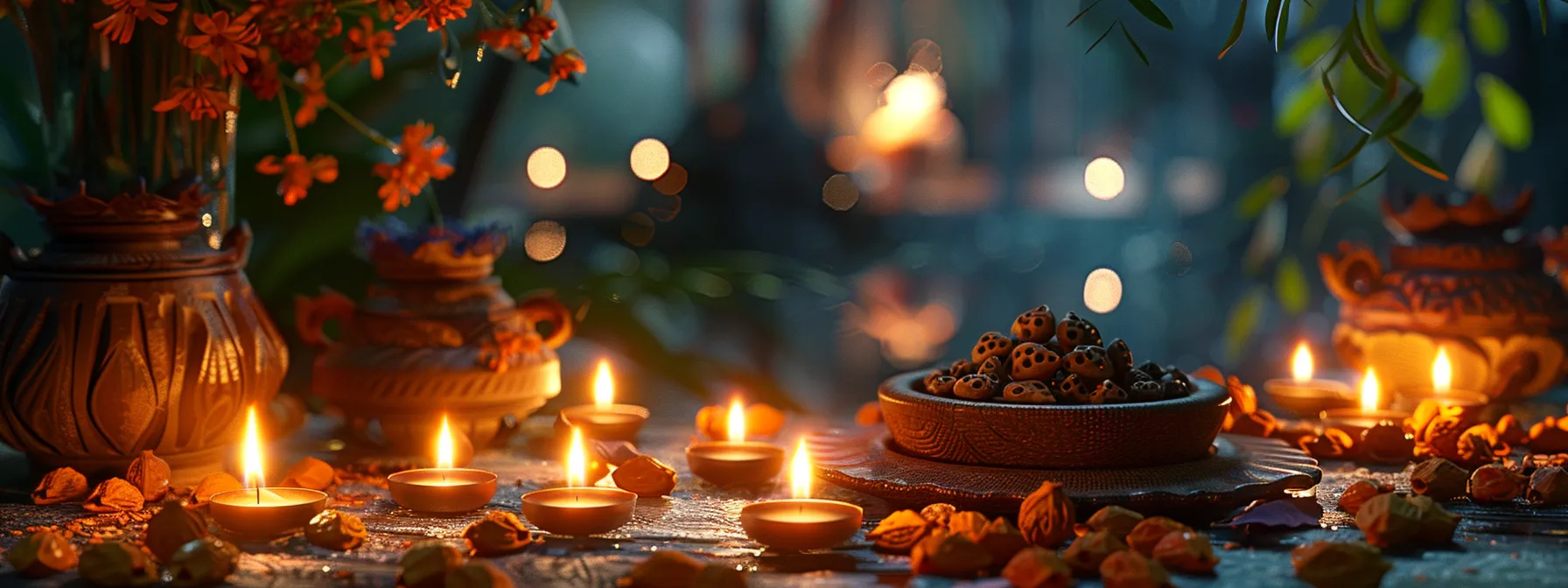 a serene meditation altar adorned with a shimmering eight mukhi rudraksha bead, surrounded by flickering candles and fragrant incense.