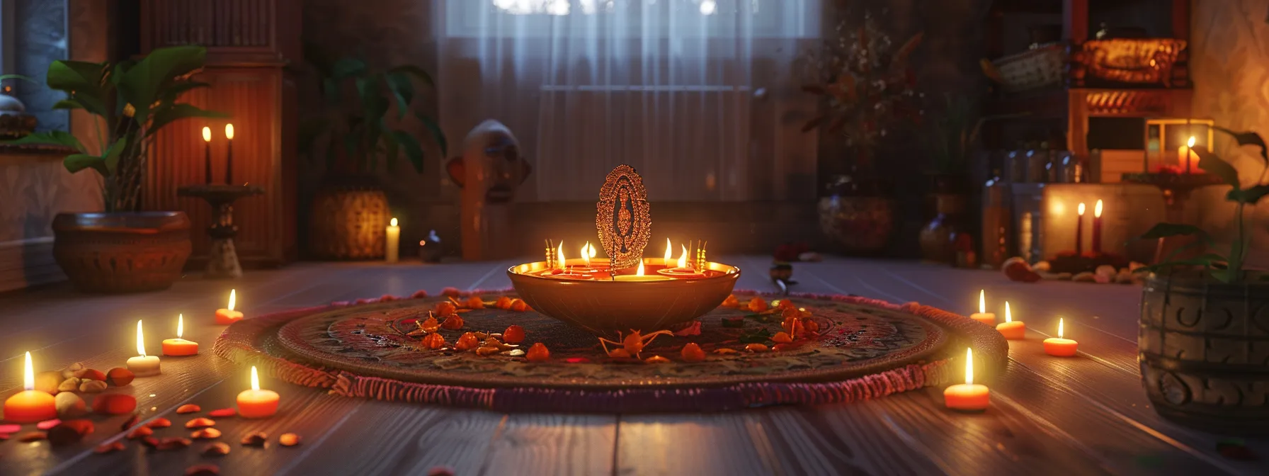 a serene meditation room with a glowing eight mukhi rudraksha at the center, surrounded by candles and incense, creating a peaceful and spiritual atmosphere.