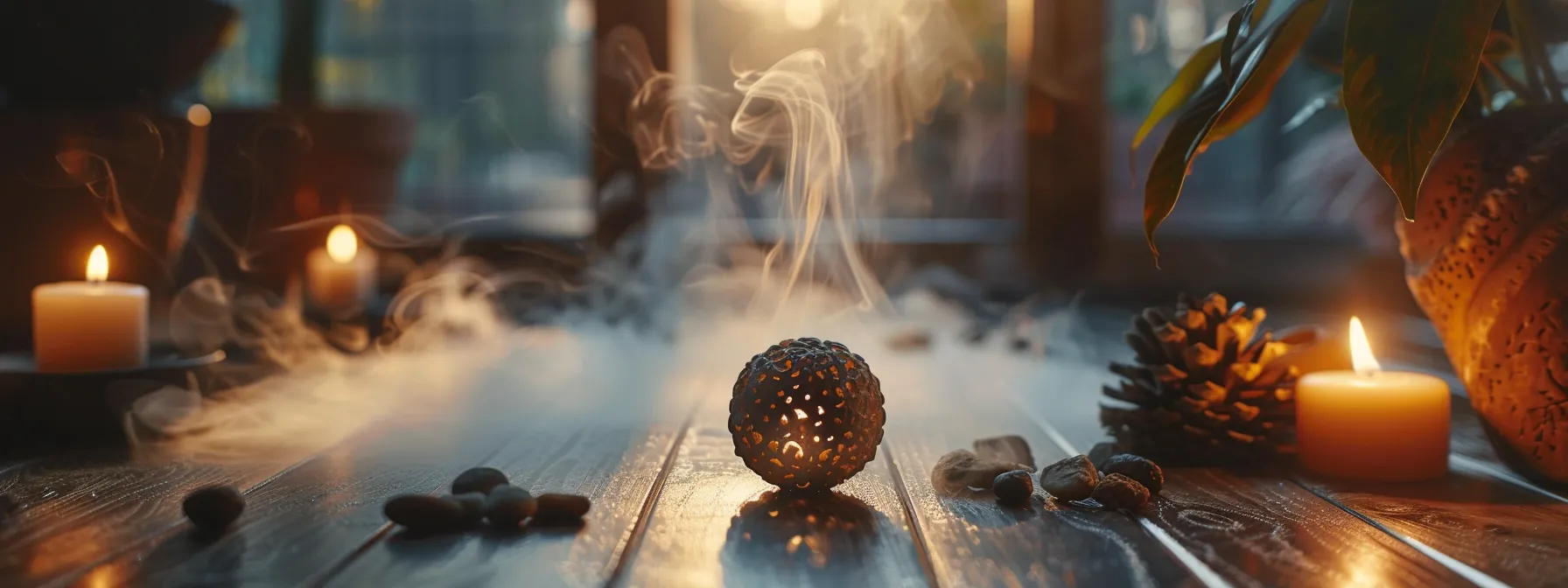 a serene meditation room with a glowing eighteen mukhi rudraksha bead at the center, surrounded by incense smoke and soft candlelight.