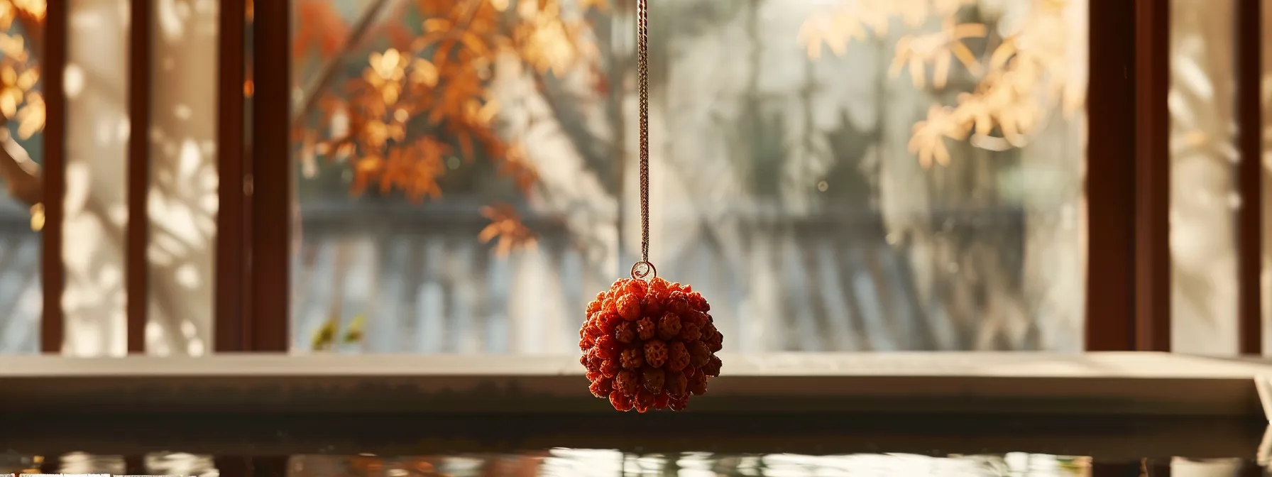 a serene meditation space adorned with a genuine three mukhi rudraksha hanging from a gold chain.