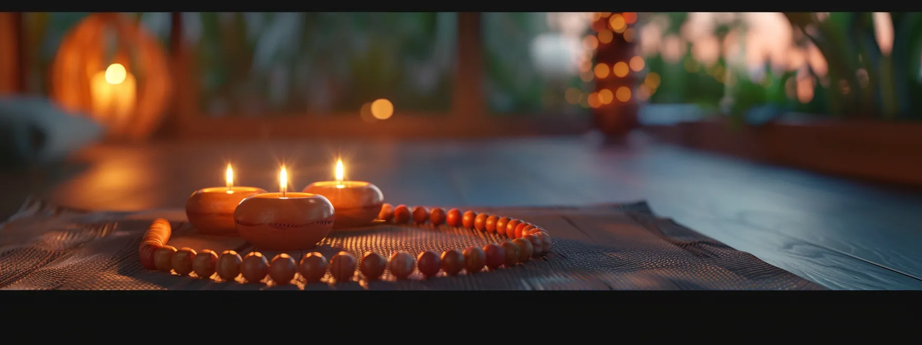 a serene meditation space adorned with vibrant rudraksha beads gently glowing in the soft candlelight.