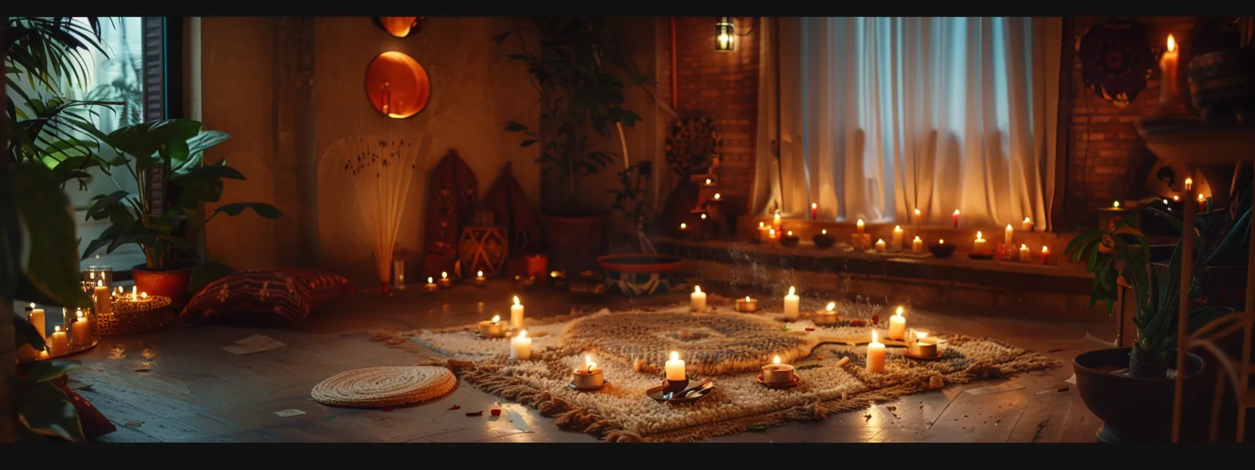 a serene meditation space adorned with the fifteen mukhi rudraksha, surrounded by candles and incense, radiating tranquility and spirituality.