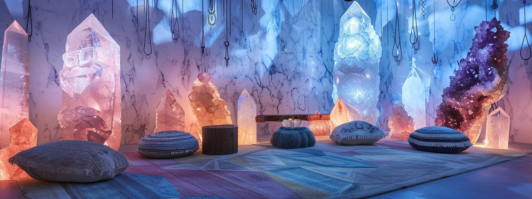 a serene meditation space adorned with intricate crystal grids, glowing with vibrant energy, creating a powerful atmosphere for deepening chakra balancing practice.