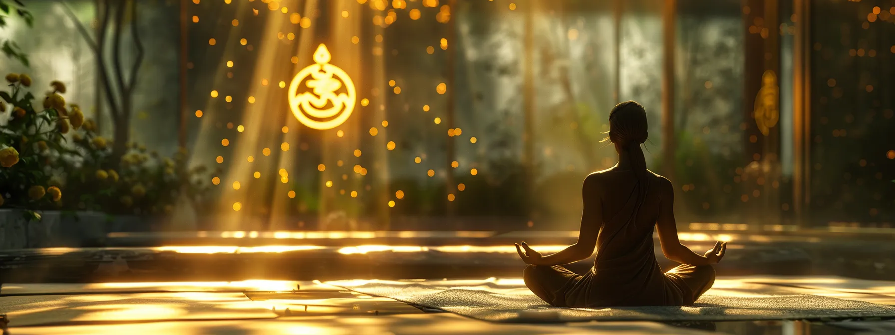 a serene meditation space bathed in golden light, with a glowing mantra symbol radiating peace and abundance.