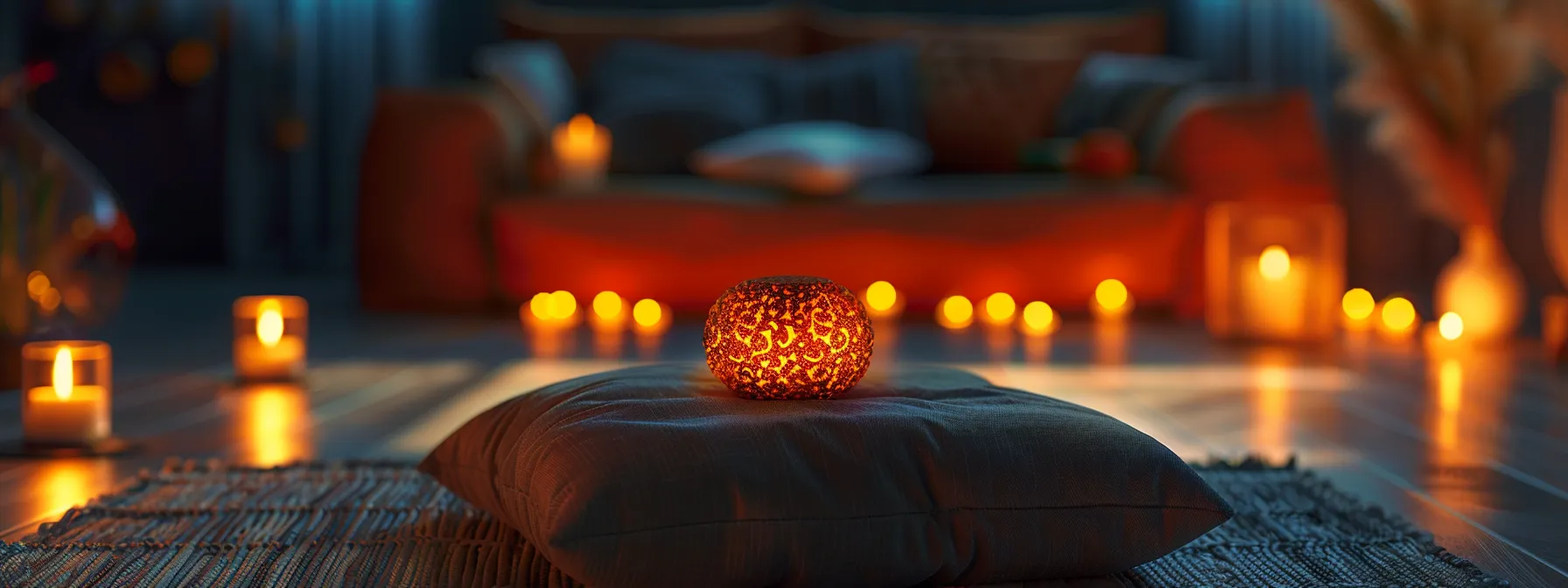 a serene meditation space with a glowing nineteen mukhi rudraksha bead resting on a cushion surrounded by incense and candles.