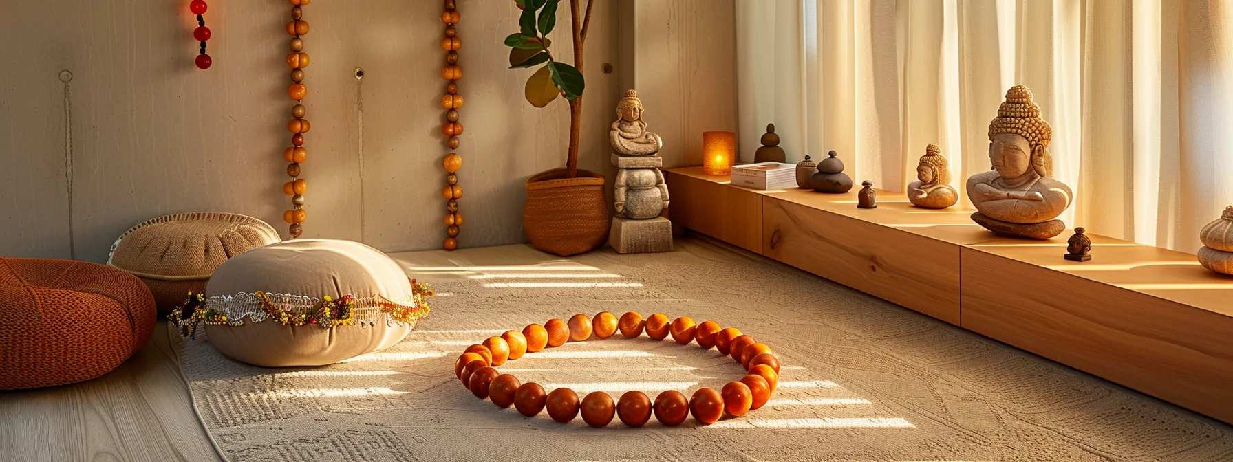 a serene meditation space with eleven mukhi rudraksha beads, surrounded by essential cleaning materials, bathed in soft natural light.