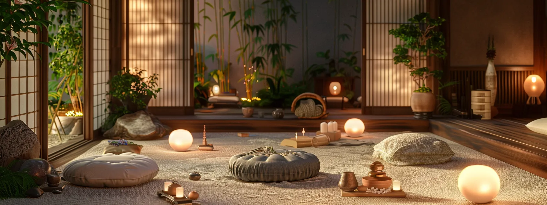 a serene meditation space with soft lighting, comfortable cushions, and calming decor, set up with essential tools and resources for beginners, creating a tranquil environment for starting your heartmath meditation practice.