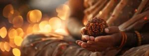 a serene, meditative figure holding a radiant twenty one mukhi rudraksha bead, surrounded by soft, ethereal light.