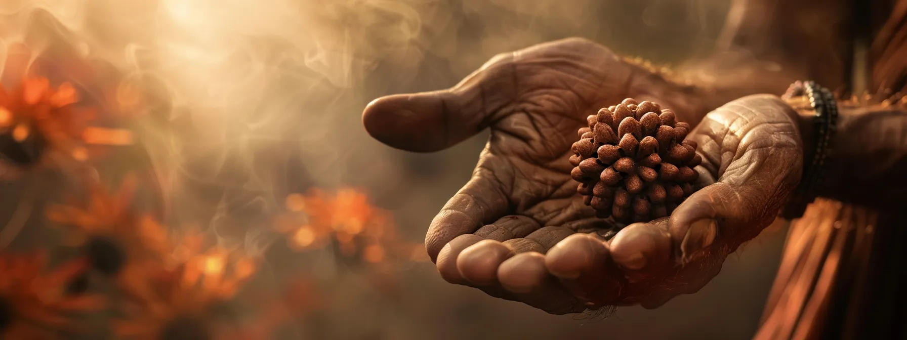 a serene, meditative figure holding a ten mukhi rudraksha, surrounded by a comforting aura of protection and strength.