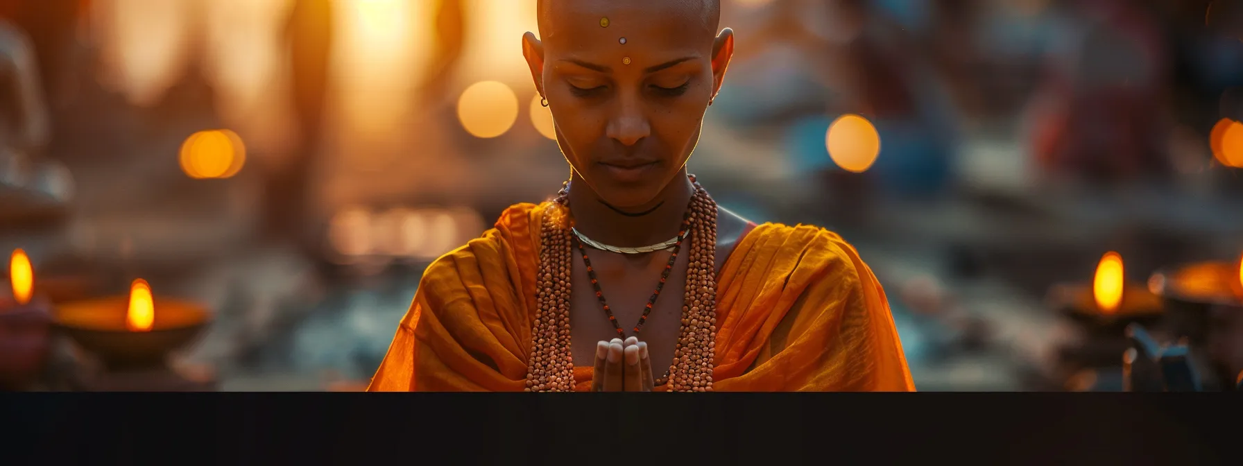 a serene, meditative individual wearing the four mukhi rudraksha necklace, surrounded by a radiant aura of inner wisdom and enlightenment.