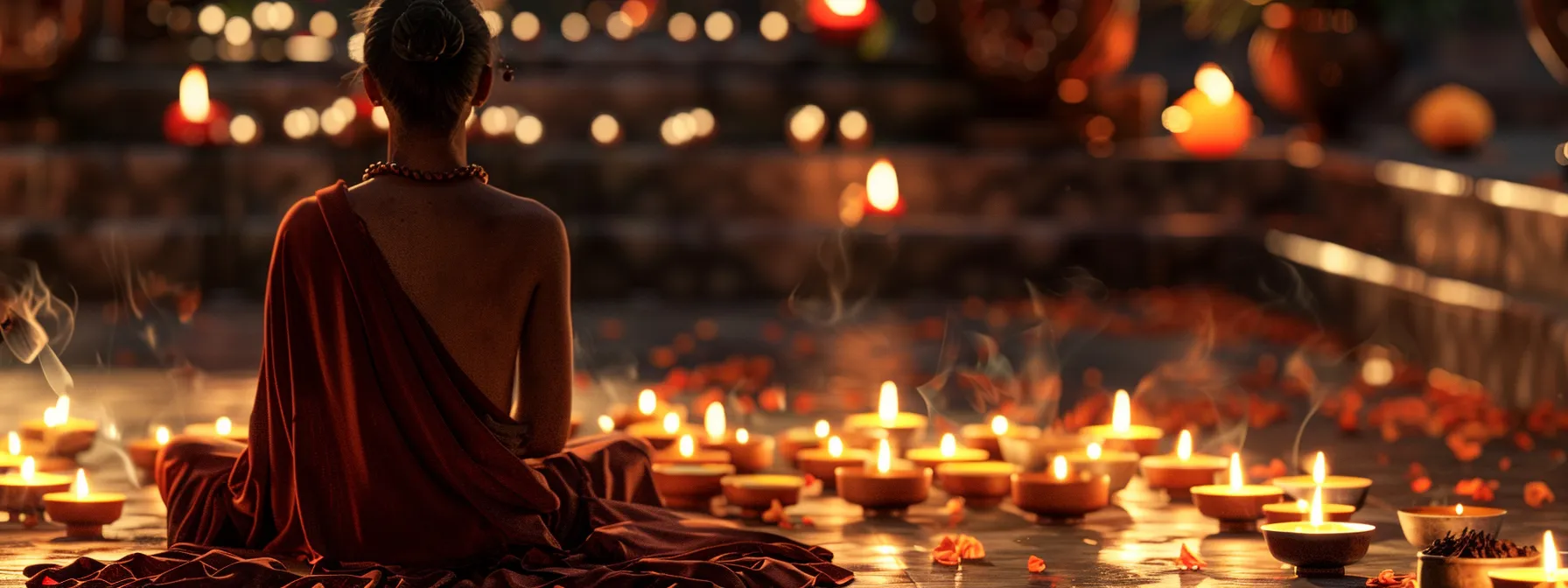 a serene, meditative setting with a person wearing the twenty mukhi rudraksha, surrounded by candles and incense, deep in contemplation.