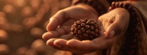 a serene, meditative yogi gently holds a glowing, powerful nineteen mukhi rudraksha bead in the palm of their hand.