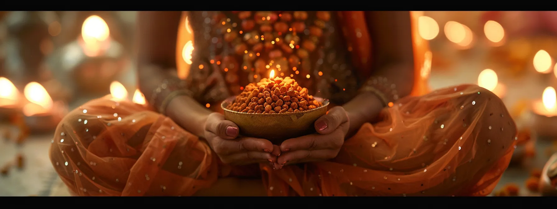 a serene meditator adorned with a shimmering thirteen mukhi rudraksha, surrounded by other sacred seeds for added spiritual energy.