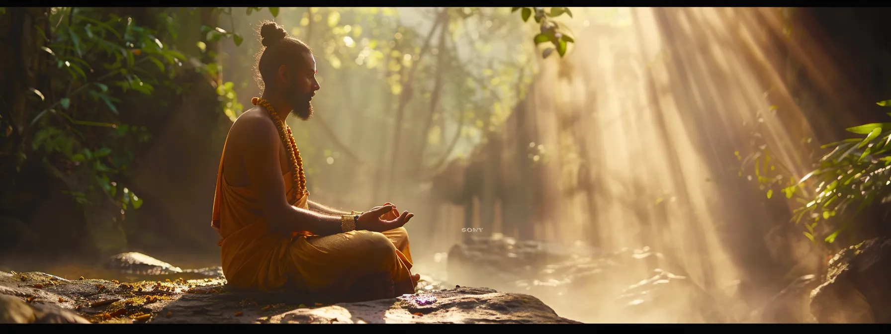 a serene meditator bathed in ethereal light, adorned with the eleven mukhi rudraksha, deep in contemplation amidst a tranquil natural setting.