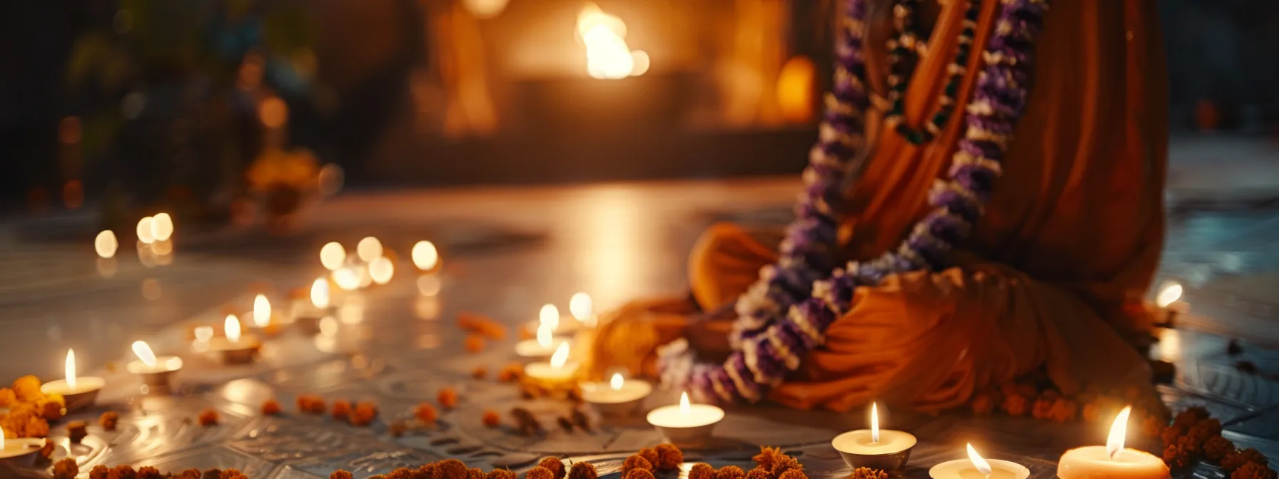 a serene meditator draped in a garland of sacred rudraksha beads, surrounded by flickering candlelight in a dimly lit room.