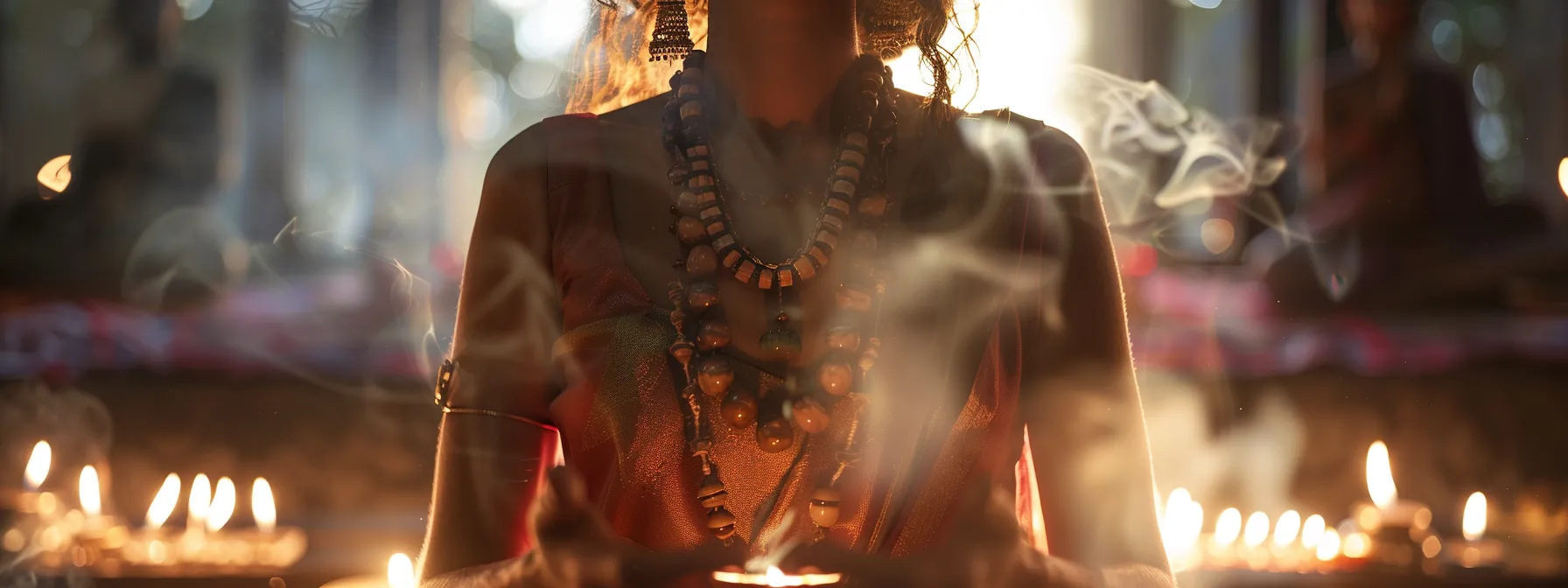 a serene meditator embraces visualization practices with a shimmering nineteen mukhi rudraksha necklace, surrounded by flickering candlelight and incense smoke.