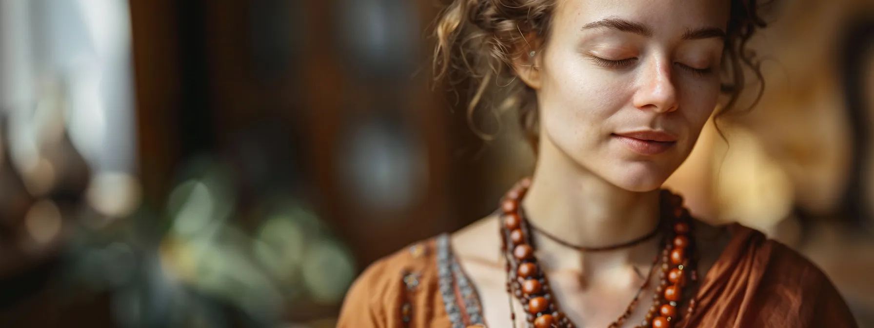 a serene meditator, eyes closed, wearing a three mukhi rudraksha necklace, exuding confidence and tranquility.