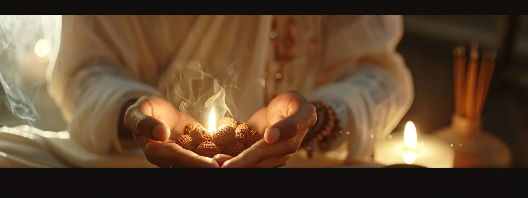 a serene meditator gently cleanses a gleaming sixteen mukhi rudraksha bead, surrounded by soft candlelight and fragrant incense.