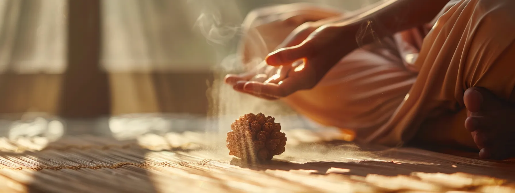 a serene meditator gently cleansing a radiant twenty one mukhi rudraksha bead, surrounded by a soft, golden glow.