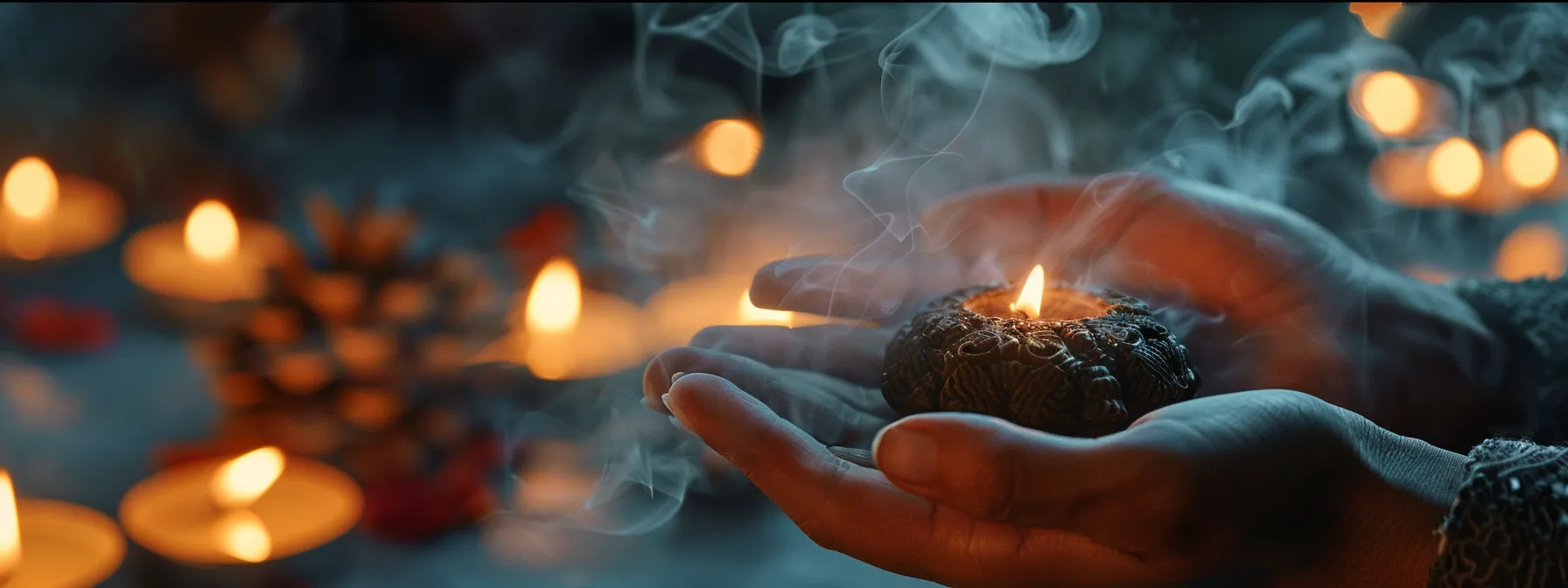 a serene meditator gently holding a one mukhi rudraksha bead, surrounded by soft candlelight and incense smoke, fostering a peaceful and spiritually enriching atmosphere.