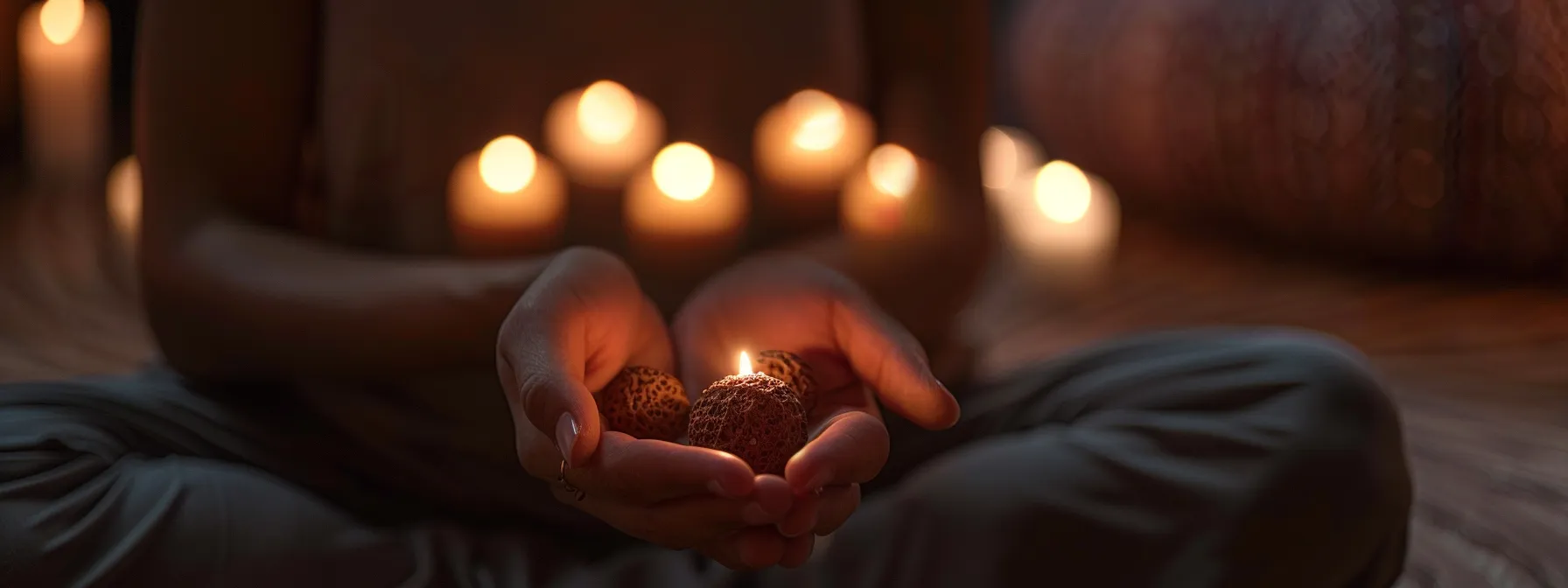 a serene meditator gently holding a genuine five mukhi rudraksha bead with a peaceful expression, surrounded by soft candlelight in a cozy meditation space.