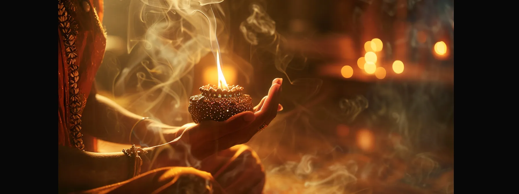 a serene meditator holding a five mukhi rudraksha bead, surrounded by flickering candlelight and incense smoke, embodying inner peace and spiritual connection.