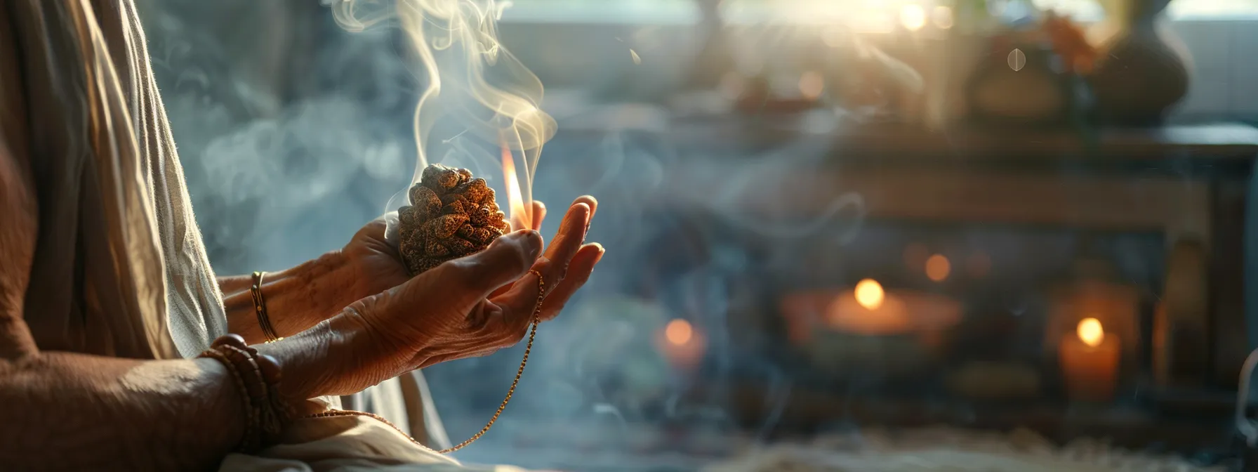 a serene meditator holding a five mukhi rudraksha bead, surrounded by incense smoke and a soft glow, embodying spiritual growth and emotional balance.