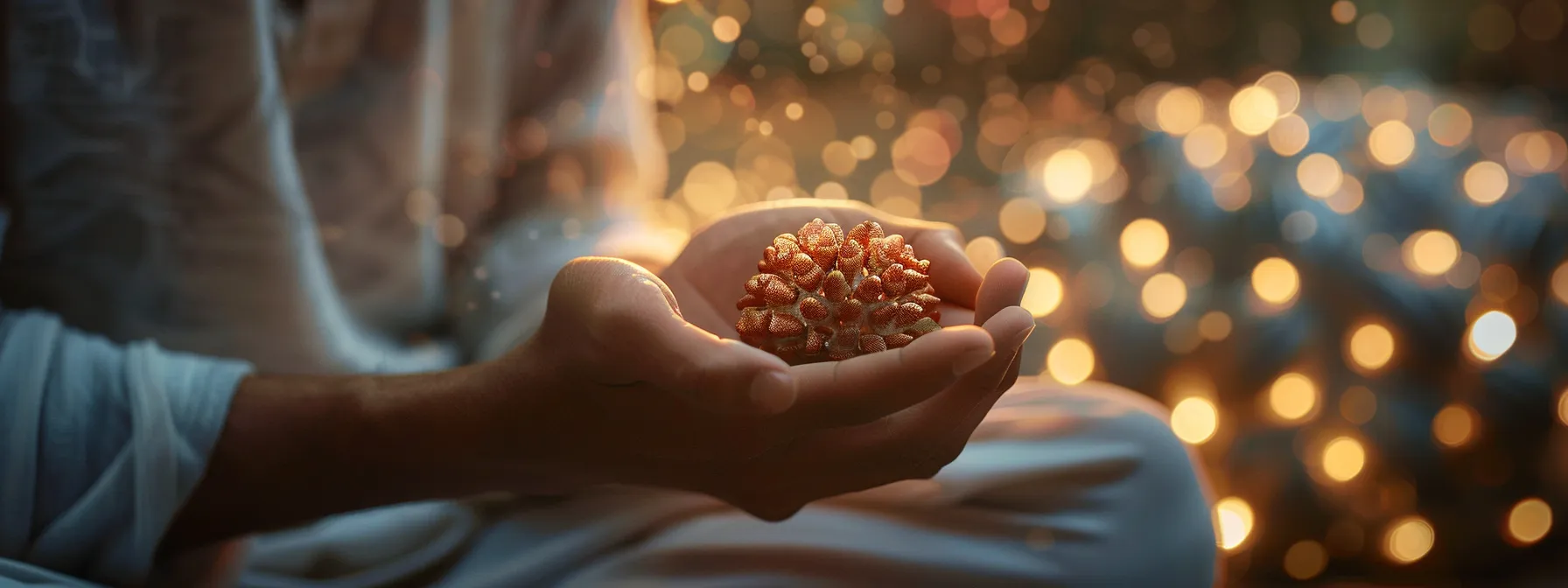 a serene meditator holding a gleaming five mukhi rudraksha bead, surrounded by a soft, ethereal glow.