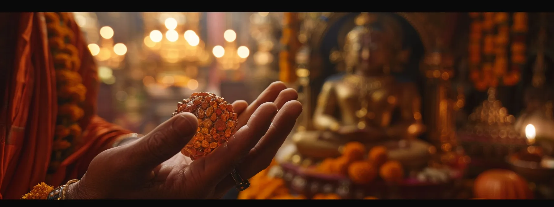 a serene meditator holding a gleaming one mukhi rudraksha bead in front of an illuminated shrine.