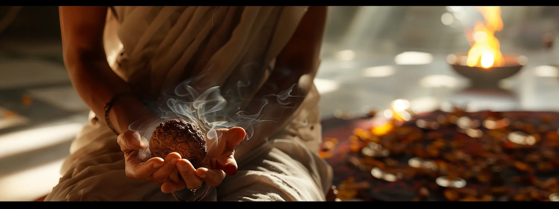 a serene meditator holding a gleaming twenty mukhi rudraksha bead, surrounded by incense smoke and soft candlelight.