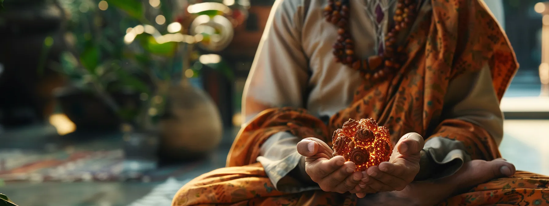 a serene meditator holding a glowing eleven mukhi rudraksha bead, surrounded by a calming aura of healing energy.