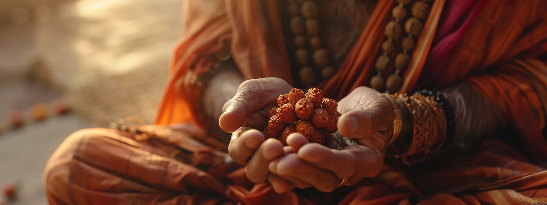 a serene meditator holding a one mukhi rudraksha, radiating a sense of spiritual connection and inner peace.