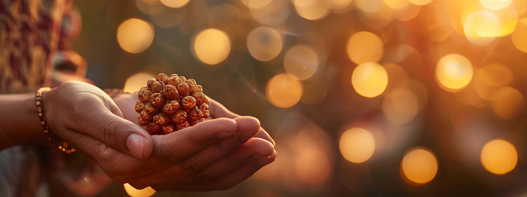 a serene meditator holding a radiant eleven mukhi rudraksha bead, surrounded by a soft golden light, symbolizing spiritual purity and authenticity.