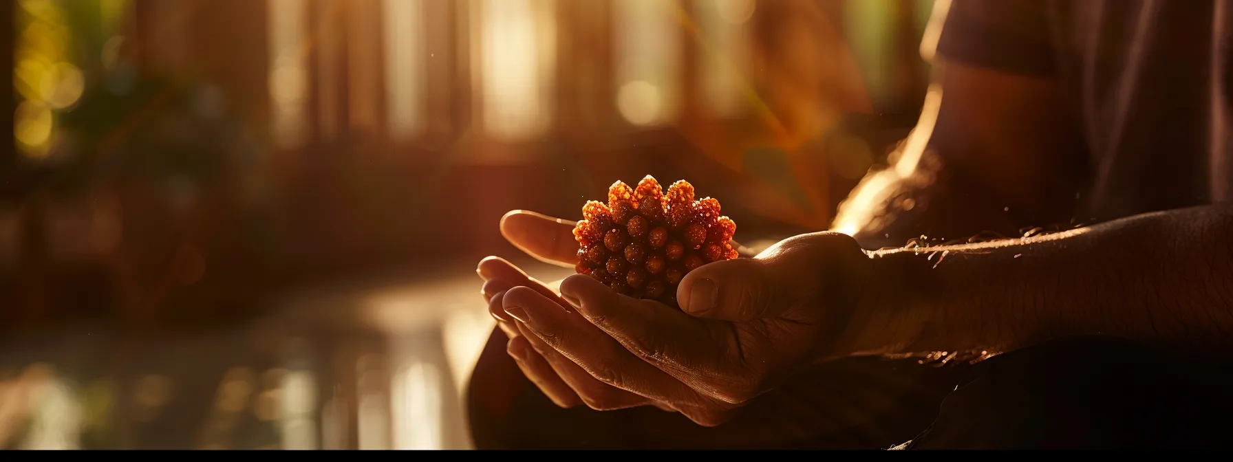 a serene meditator holding a shimmering eleven mukhi rudraksha bead, bathed in calming light.