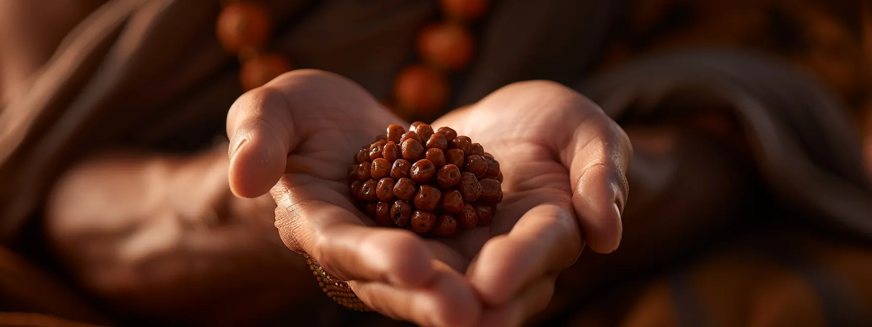 a serene meditator holding a shimmering fifteen mukhi rudraksha bead, radiating peaceful energy and spiritual connection.