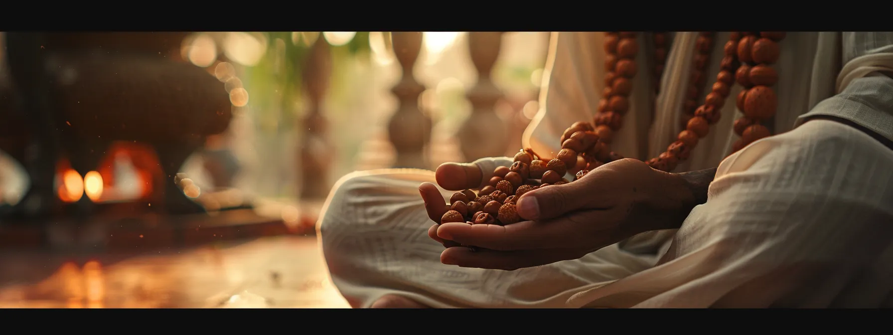 a serene meditator holding a string of sacred rudraksha beads, radiating spiritual energy and concentration.