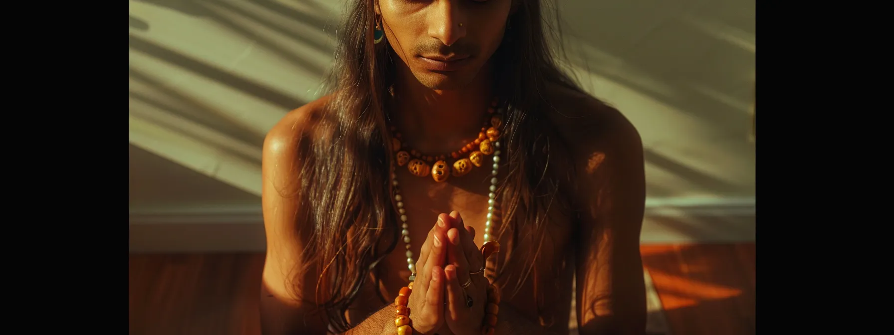 a serene meditator holding a string of gleaming rudraksha beads, their peaceful expression reflecting the profound connection to spiritual energies.