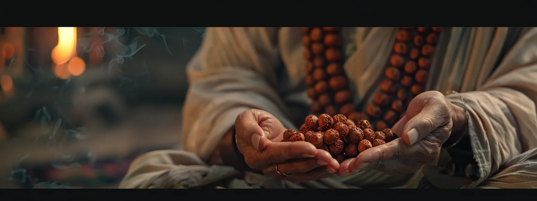 a serene meditator holding a ten mukhi rudraksha necklace, surrounded by a gentle aura of protection and spiritual growth.