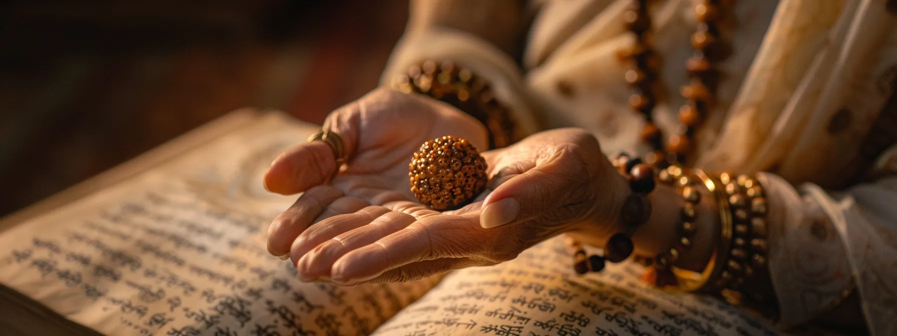 a serene meditator holding a thirteen mukhi rudraksha prayer bead, surrounded by ancient sacred scriptures.