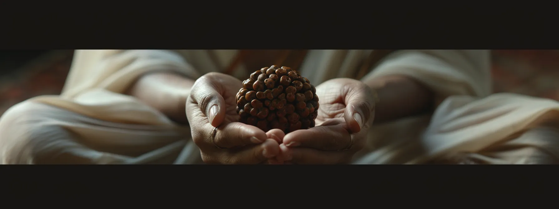 a serene meditator holding a three mukhi rudraksha bead, embodying spiritual reverence and inner strength.