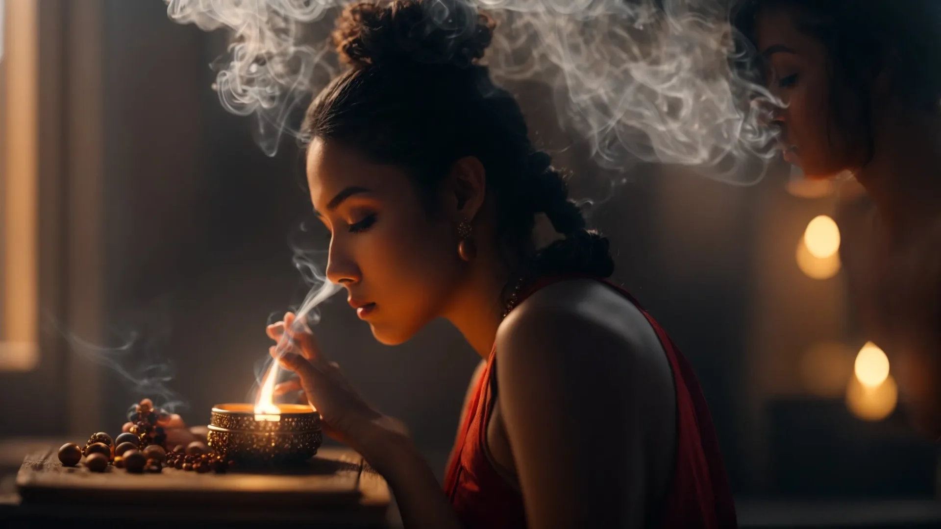 a serene meditator in deep concentration, surrounded by incense smoke, as they energize and activate a gleaming nine mukhi rudraksha bead.