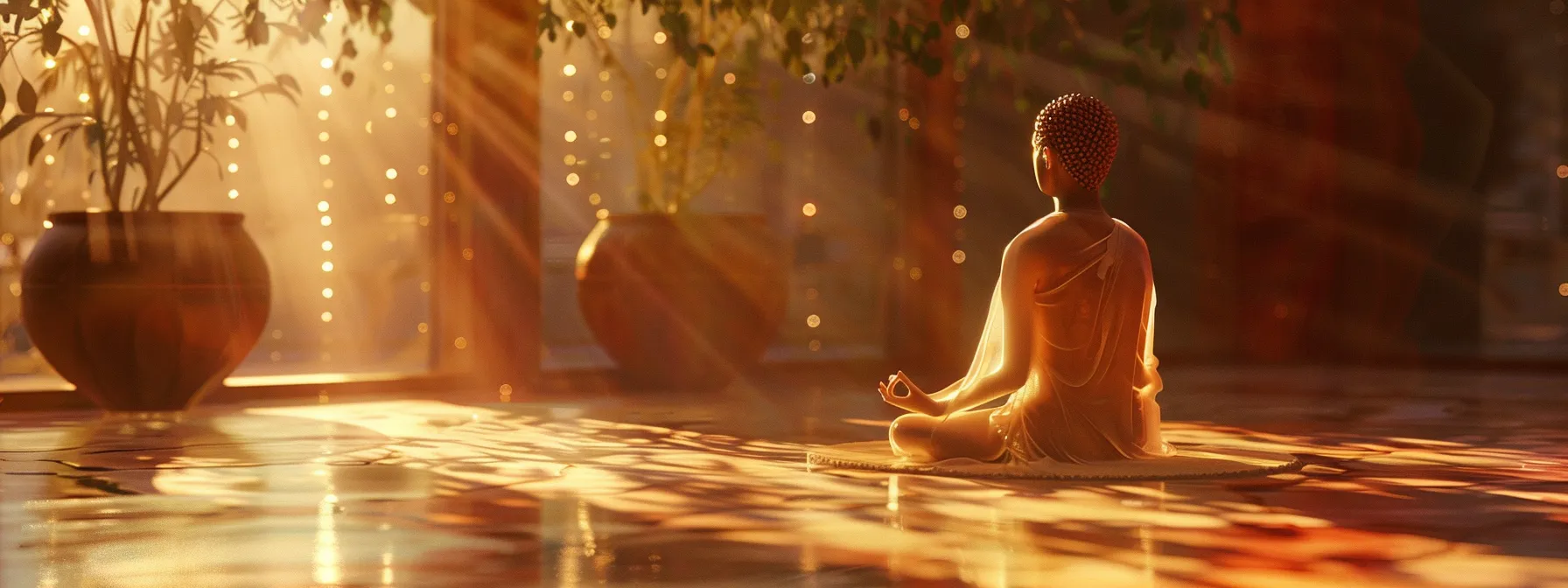 a serene meditator radiating inner peace while wearing the twenty mukhi rudraksha bead, surrounded by a soft, glowing aura of spiritual awareness.