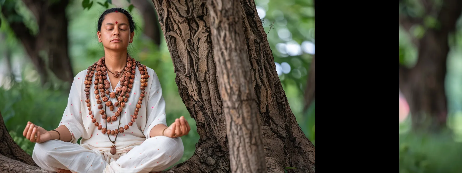 a serene meditator sitting cross-legged, wearing an authentic eight mukhi rudraksha bead necklace under a tranquil tree.