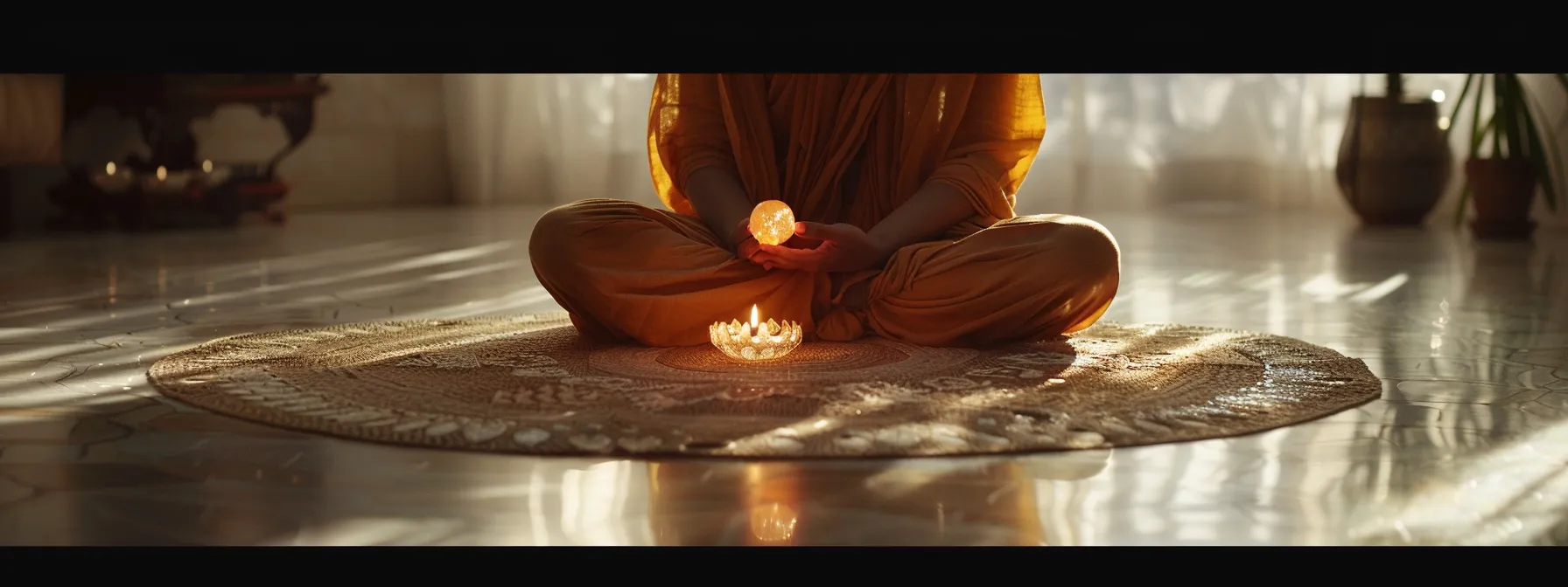 a serene meditator surrounded by a gentle aura of tranquility, with a radiant one mukhi rudraksha shining at their heart center.