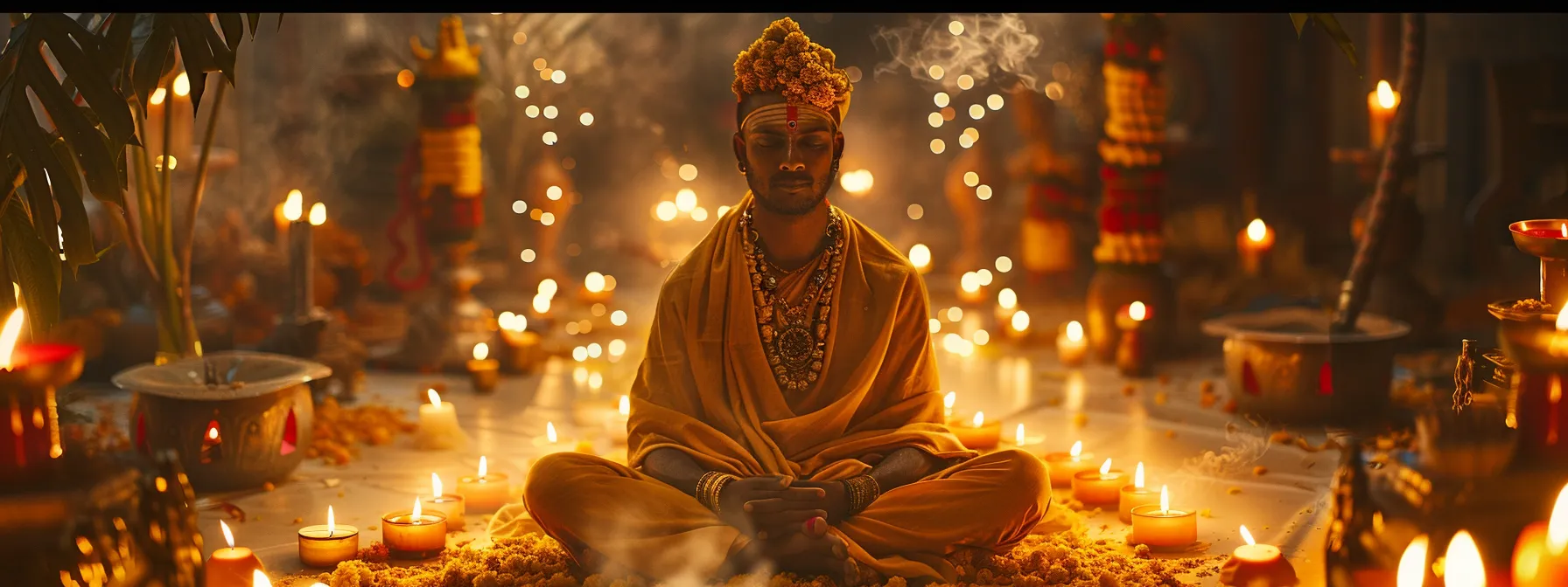 a serene meditator surrounded by candles and incense, wearing the eleven mukhi rudraksha, in deep contemplation.